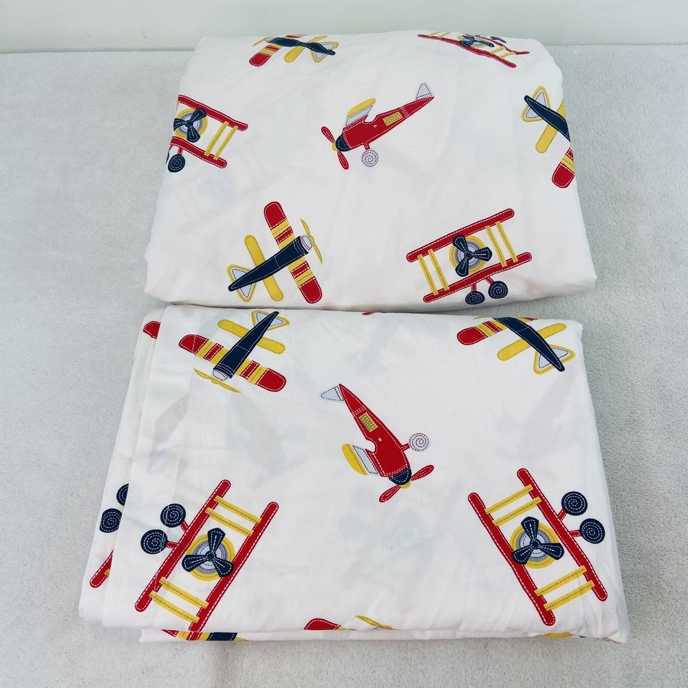 Cannon Kids Twin Fitted Flat Sheet Airplane Theme Red Yellow Blue Boys Bedding